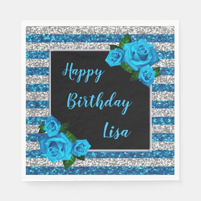 Blue Silver Stripes Glitter Blue Roses Birthday Napkin (Front)