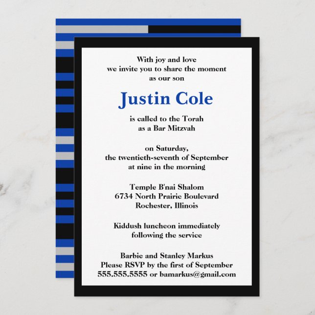 Blue / Silver Stripes on Black Bar Mitzvah Invitation (Front/Back)