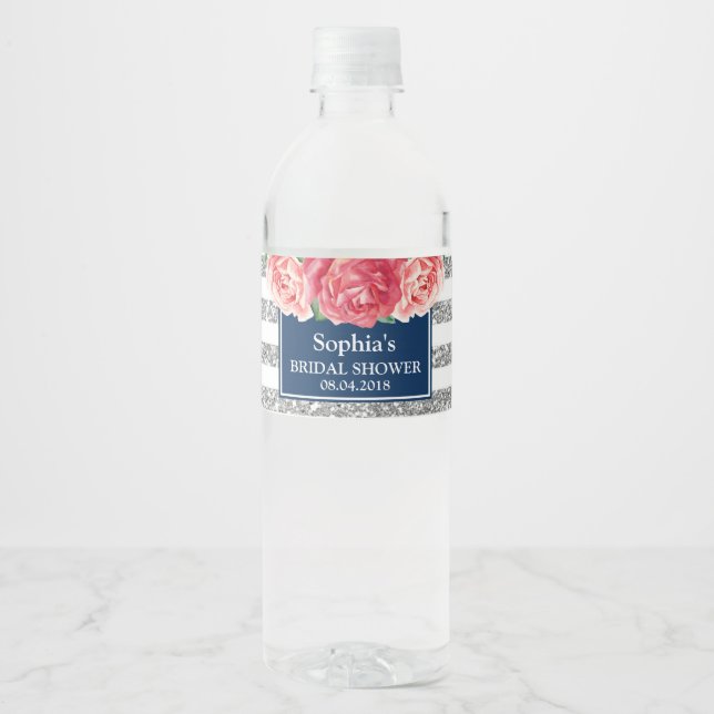 Blue Silver Stripes Pink Floral Bridal Shower Water Bottle Label (Front)