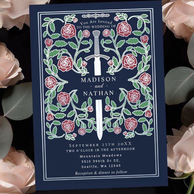 Blue Silver Sword Floral Medieval Fantasy Wedding Invitation (Creator Uploaded)
