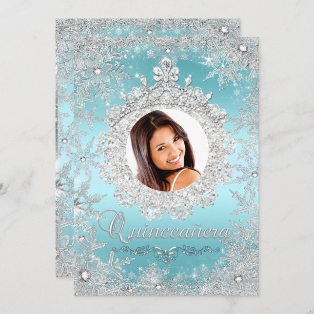 Blue Silver Tiara Snowflake Sparkle Quinceanera Invitation (Front/Back)