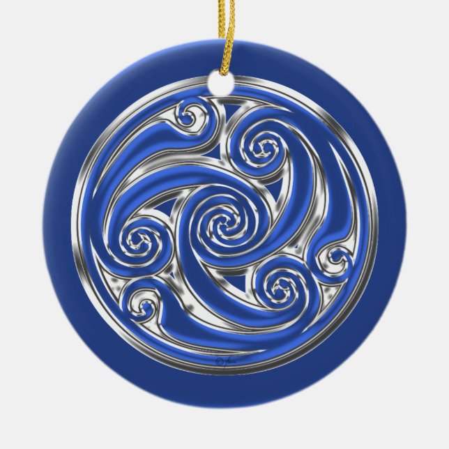 Blue Silver Triskel Ceramic Tree Decoration (Front)