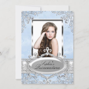 Blue Silver Vintage Glamour Photo Quinceanera Invitation
