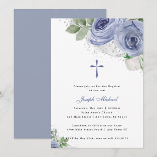 Blue & Silver Watercolor Floral Religious Baptism Invitation