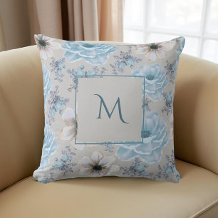 Blue Silver Watercolor Floral Script Cushion