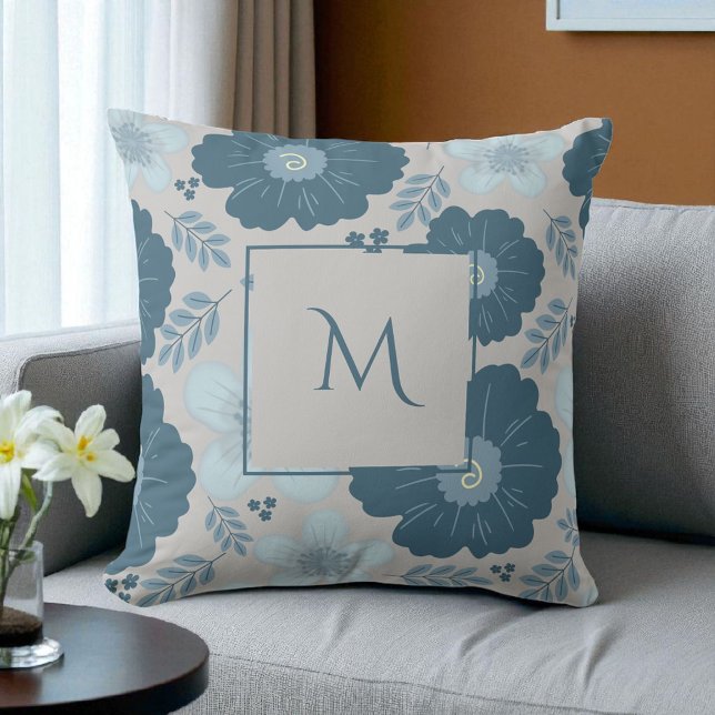 Blue Silver Watercolor Floral Script Cushion (Creator Uploaded)
