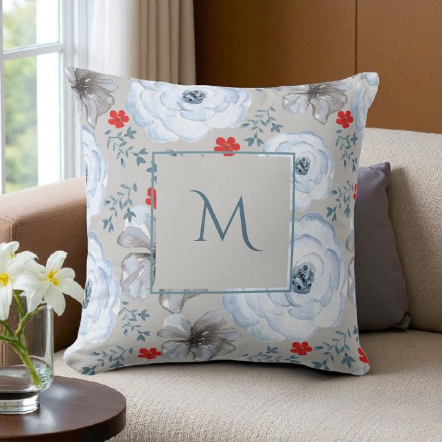 Blue Silver Watercolor Floral Script Cushion (Creator Uploaded)