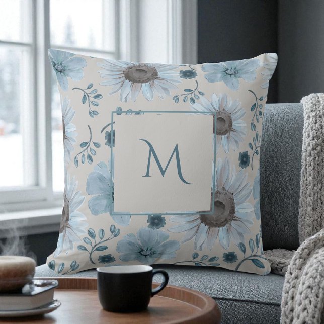 Blue Silver Watercolor Floral Script Cushion (Creator Uploaded)