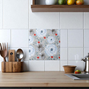 Blue Silver Watercolor Floral Tile