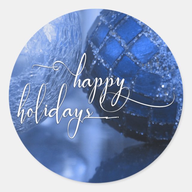 Blue, Silver & White Happy Holidays Greeting Classic Round Sticker (Front)