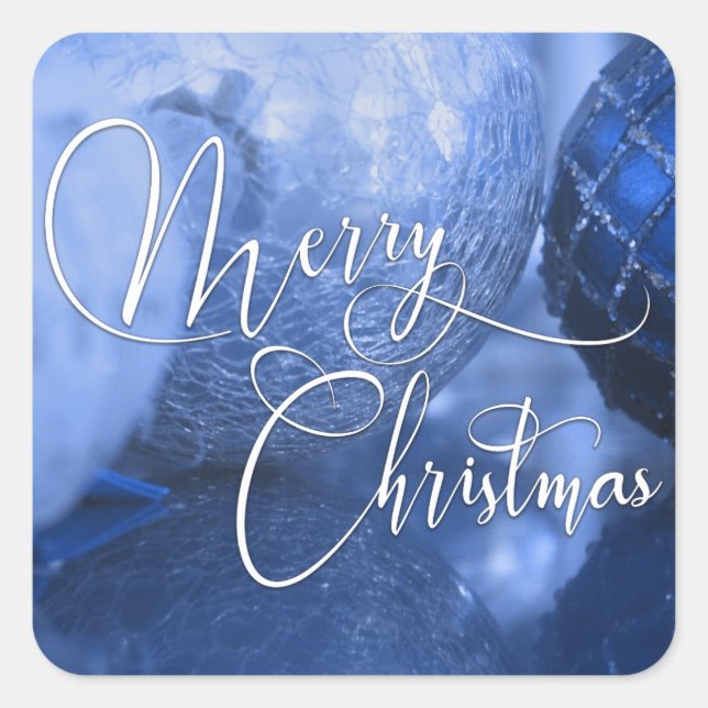 Blue, Silver & White Happy Holidays Greeting Square Sticker (Front)