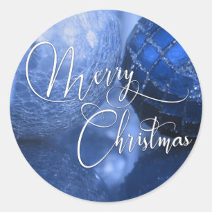 Blue, Silver & White Merry Christmas Greeting Classic Round Sticker