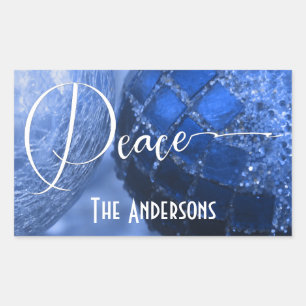 Blue, Silver & White Peace Greeting for Holidays Rectangular Sticker