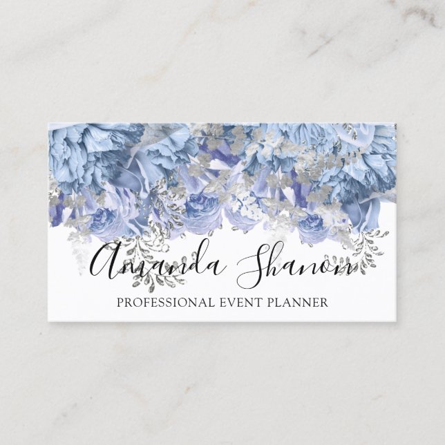 Blue Silver WhiteFlower Logo Event Planner QRCode  Business Card (Front)