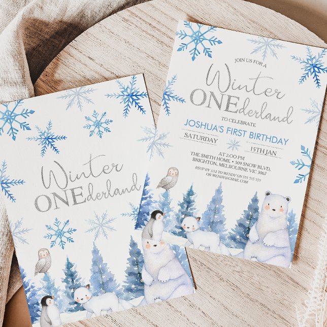 Blue Silver Winter Animals Onederland Birthday Invitation (Faux silver and blue snowflakes arctic animals winter onederland 1st birthday invitation for a boy.)