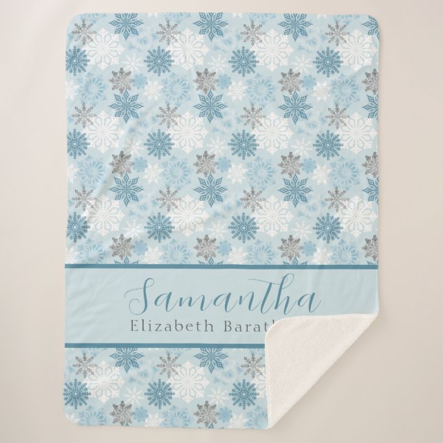 Blue & Silver Winter Snowflake Personalised Name  Sherpa Blanket (Front)