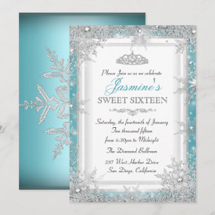 Blue Silver Winter Wonderland Sweet 16 Invitation
