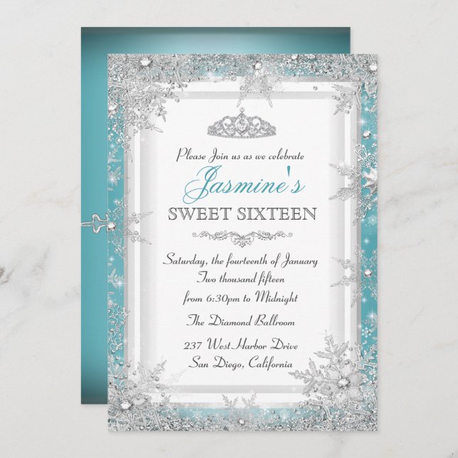 Blue Silver Winter Wonderland Sweet 16 Invitation (Front/Back)