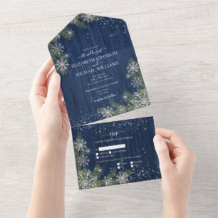 Blue Silver Winter Wood Plaid Rustic Wedding +Menu All In One Invitation
