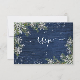 Blue Silver Winter Wood Plaid Rustic Wedding +Menu RSVP Card