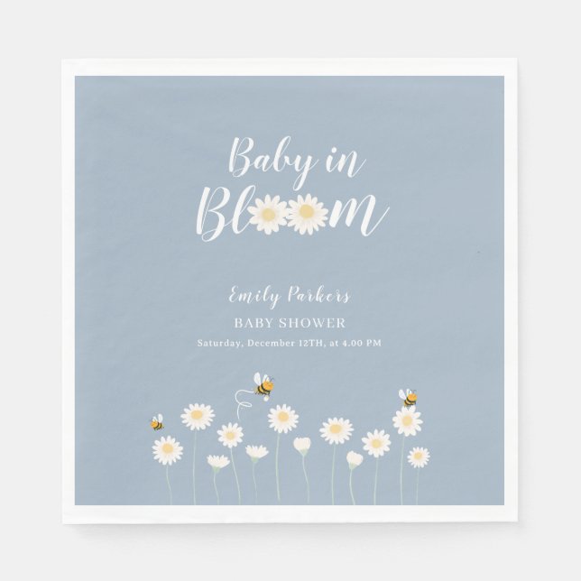 Blue Simple Boho Daisy Floral Baby In Bloom Shower Napkin (Front)