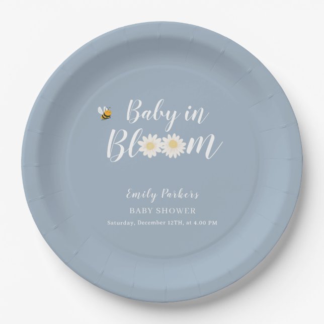 Blue Simple Boho Daisy Floral Baby In Bloom Shower Paper Plate (Front)