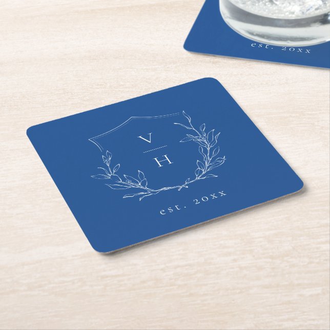 Blue simple botanical crest monogram wedding square paper coaster (Angled)