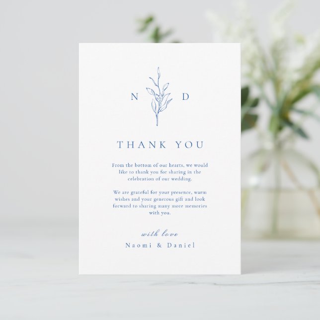 Blue simple botanical leaves monogram wedding thank you card (Standing Front)