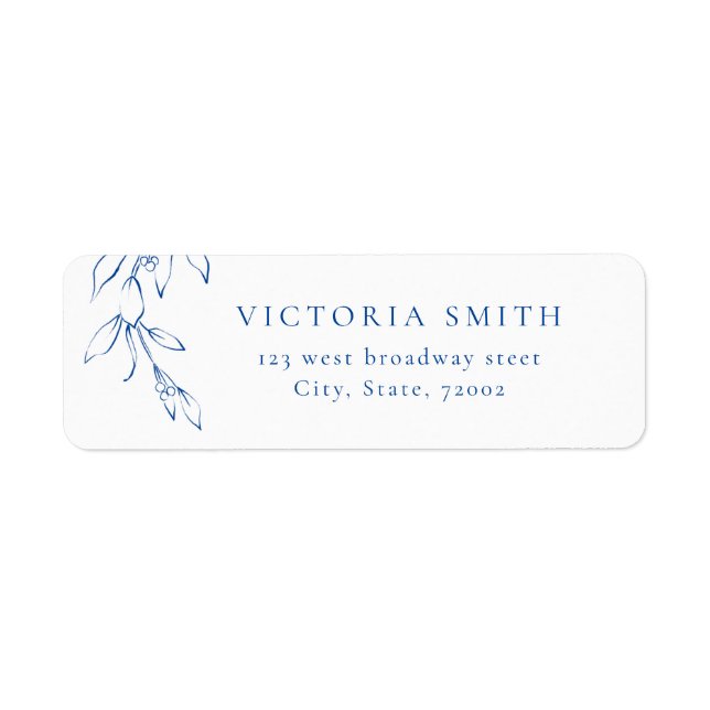 Blue simple botanical wedding return address label (Front)