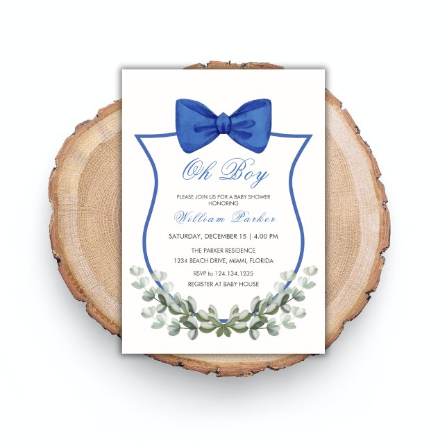 Blue Simple Bow Eucalyptus Crest Boy Baby Shower Invitation (Blue Simple Bow Eucalyptus Crest Boy Baby Shower Invitation)