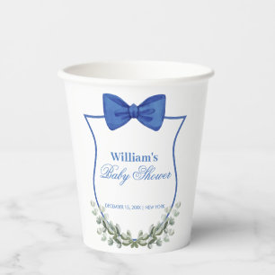 Blue Simple Bow Eucalyptus Crest Boy Baby Shower Paper Cups