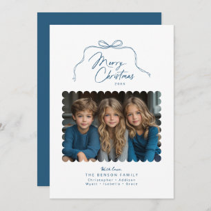 Blue Simple Bow Scalloped Photo Christmas Card