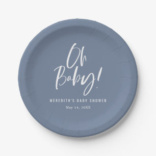 Blue Simple Calligraphy Gender Neutral Baby Shower Paper Plate