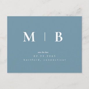 Blue Simple Contemporary Monogram Save the Date Postcard