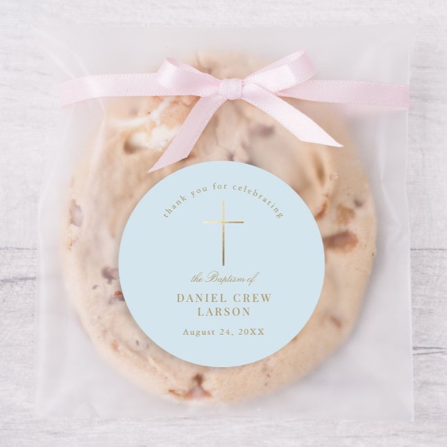 Blue Simple Elegant Gold Cross Baptism Christening Classic Round Sticker (Creator Uploaded)