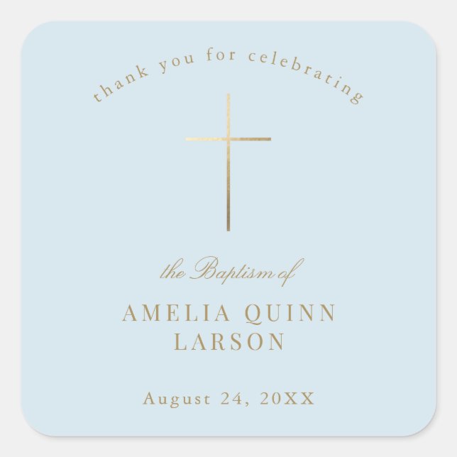 Blue Simple Elegant Gold Cross Baptism Christening Square Sticker (Front)