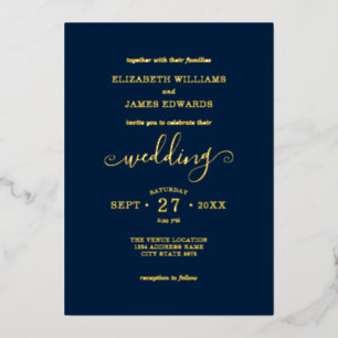 Blue Simple Elegant Wedding Gold Foil Invitation