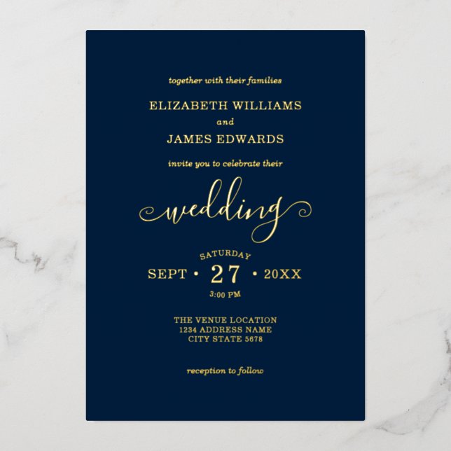 Blue Simple Elegant Wedding Gold Foil Invitation (Front)