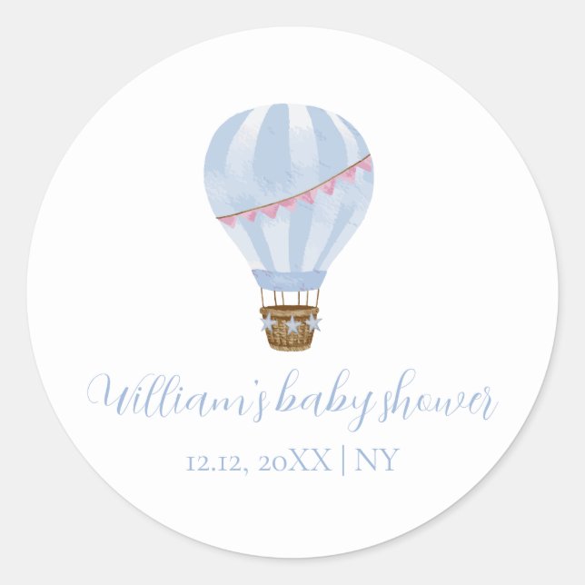 Blue Simple Hot Air Balloon Boy Baby Shower Classic Round Sticker (Front)