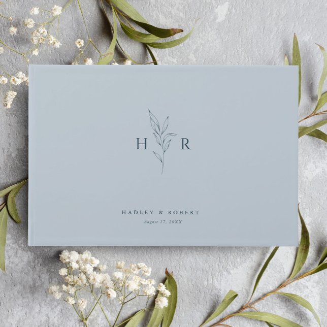 Blue Simple Minimal Monogram Botanical Wedding Guest Book (Creator Uploaded)
