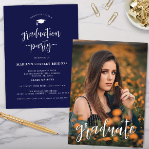 Blue Simple Modern Script Graduation Invitation