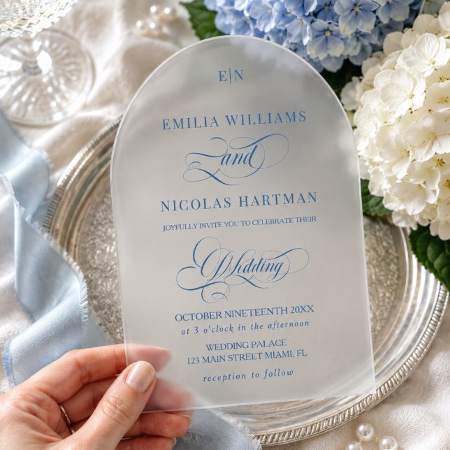 Blue Simple Monogram Classic Wedding  Acrylic Invitations (Creator Uploaded)