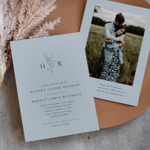 Blue Simple Monogram QR Code Photo Wedding Invitation