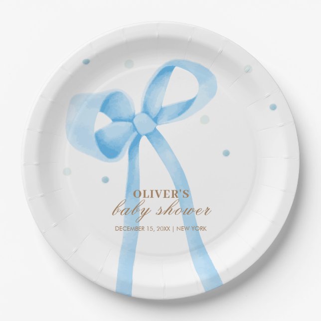 Blue Simple Polka Dot Bow Baby Shower Paper Plate (Front)