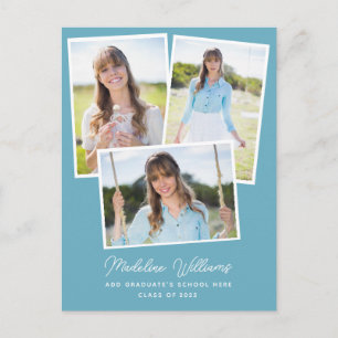 Blue Simple Script Multi Photo Graduation Postcard