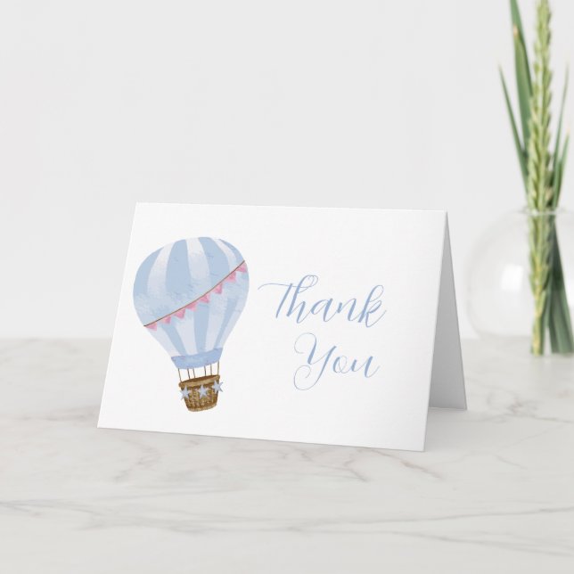 Blue Simple Star  Hot Air Balloon Boy Baby Shower Thank You Card (Front)