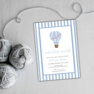 Blue Simple Stripe Hot Air Balloon Baby Shower  Invitation