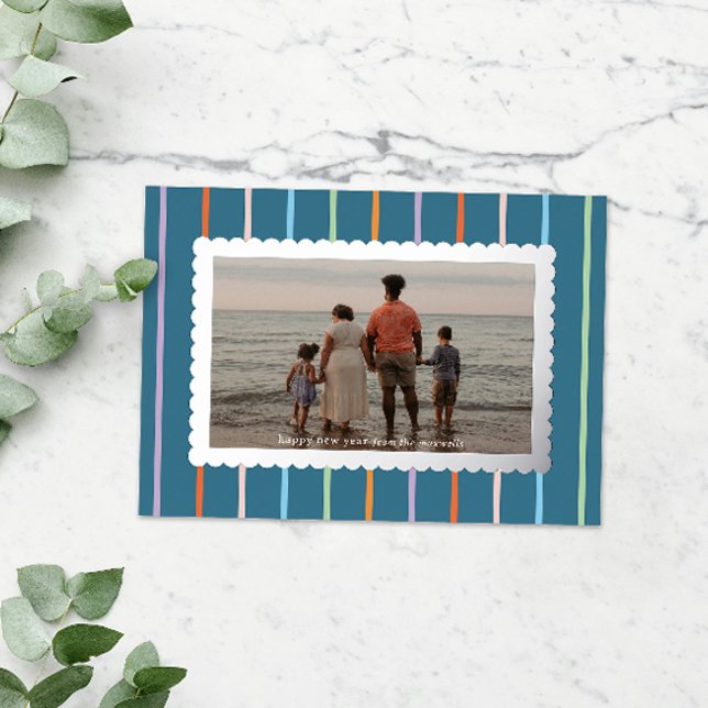Blue Simple Stripes and Scallops Landscape Photo (cheerful blue striped happy new year card with silver foil scalloped frame around landscape photo)
