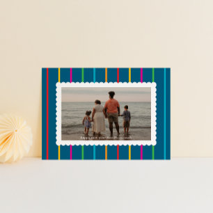 Blue Simple Stripes and Scallops Landscape Photo Holiday Card