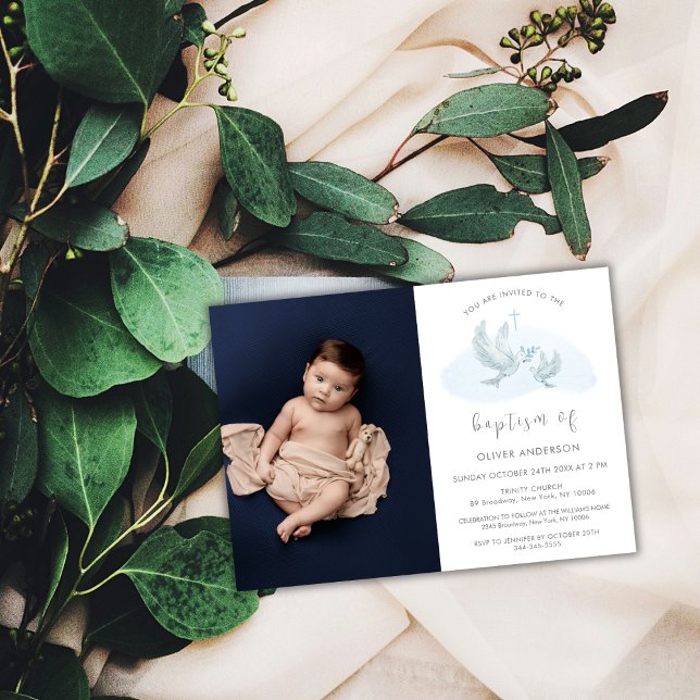 Blue Simple Watercolor Bird Photo Cross Baptism Invitation (Blue Simple Watercolor Bird Photo Cross Baptism Invitation)